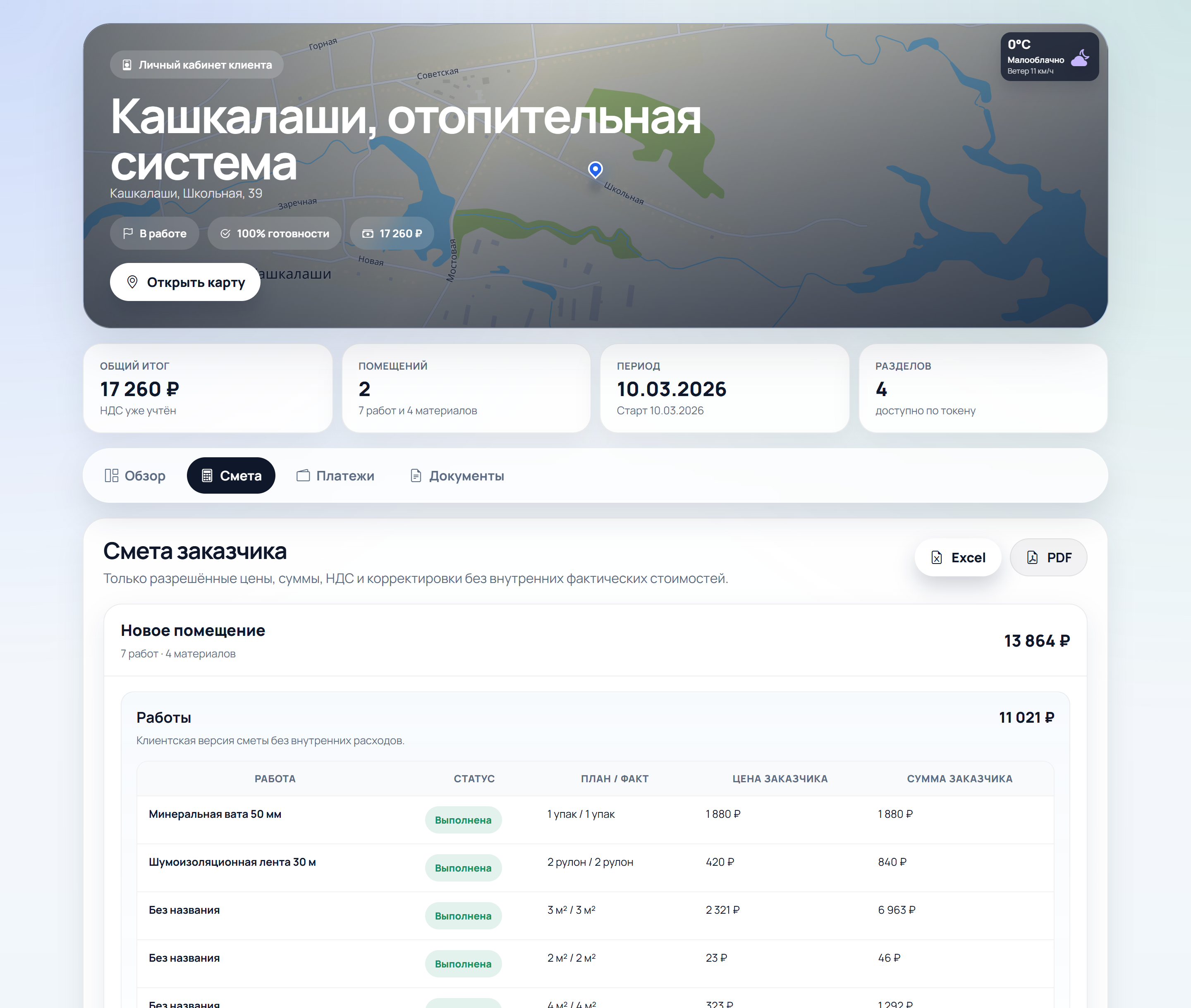 Экран клиентской страницы с обзором проекта, сметой, платежами и документами